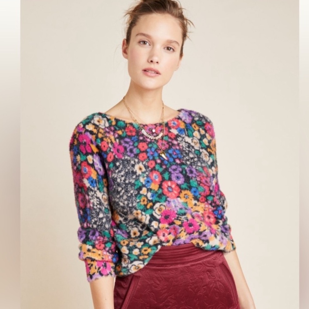 by Anthropologie Bouquet Eyelash Floral Sweater, size M